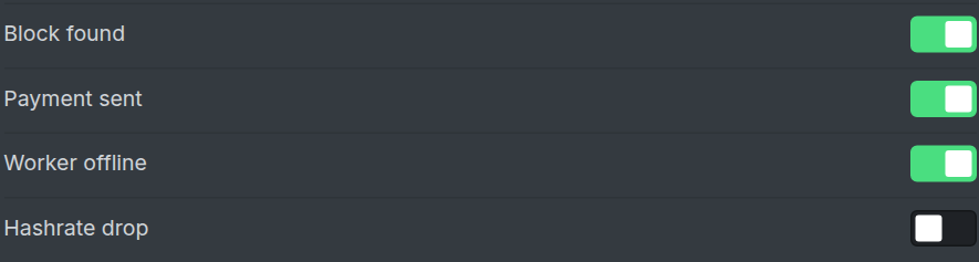 The notification settings on the miner dashboard with per-event toggles