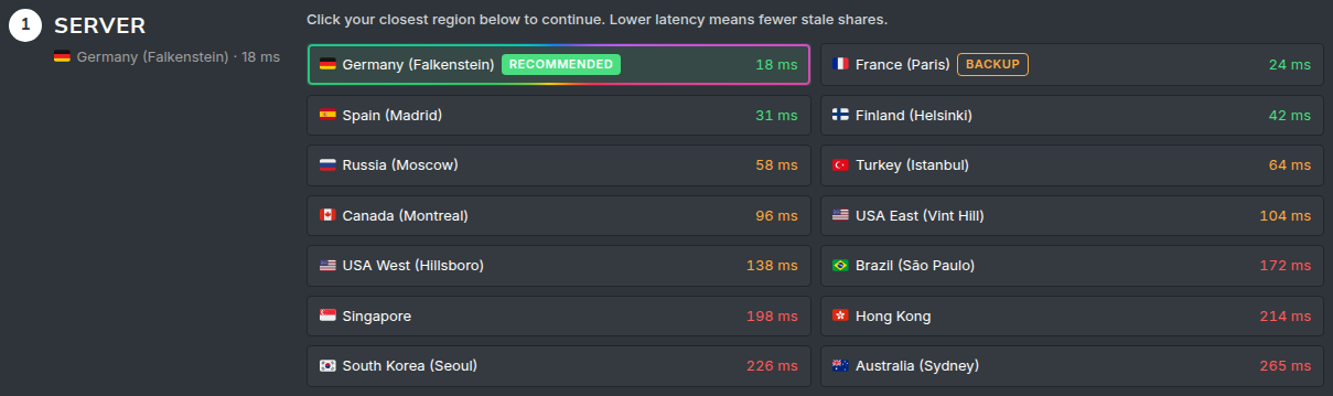 The How to Mine server step listing every region with its measured latency