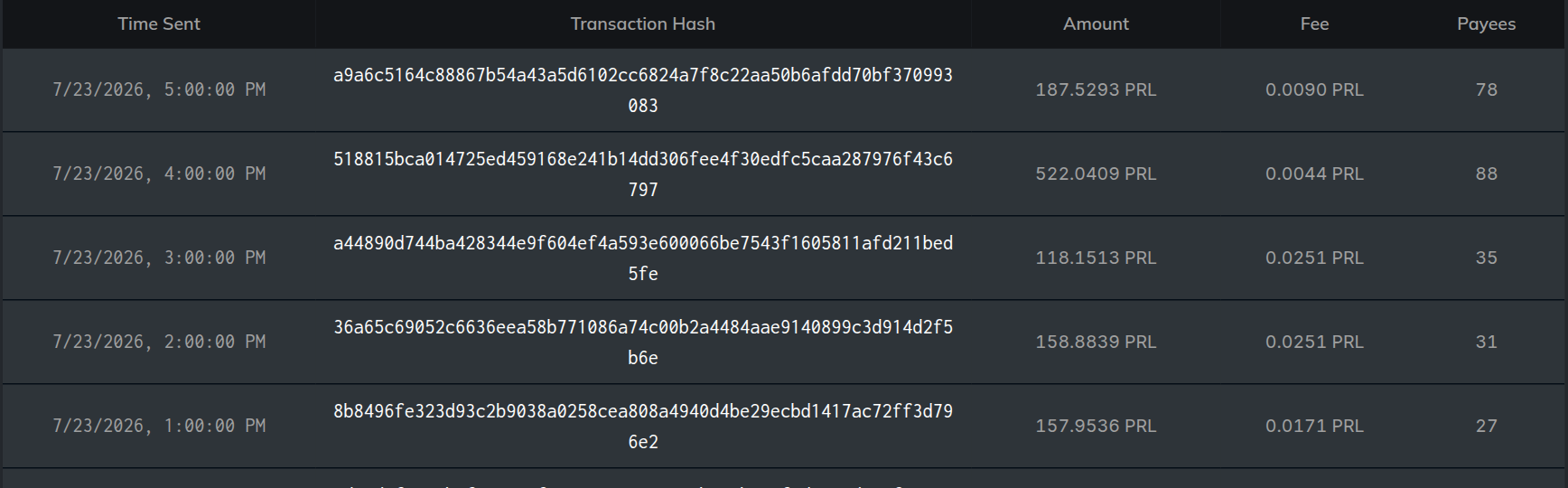 The payments table with a fee column and a payee count on every row